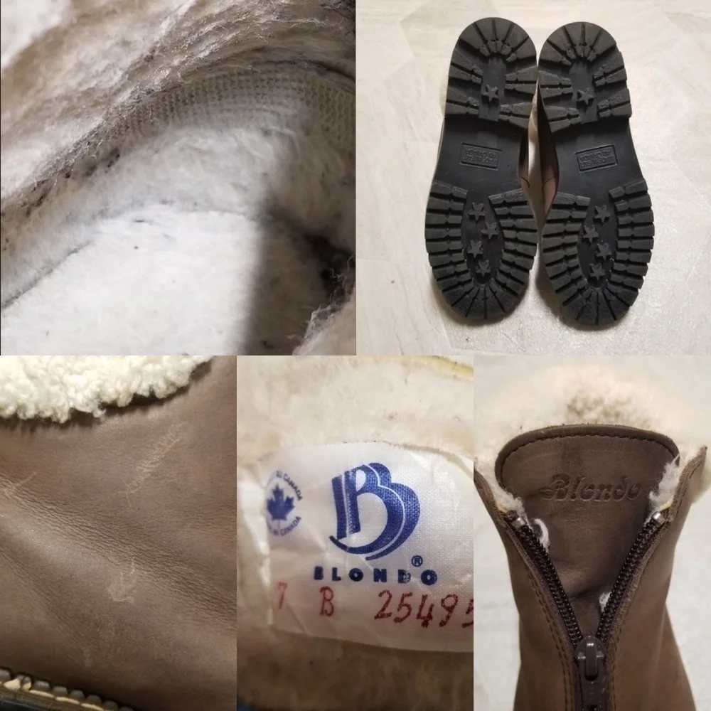 Blondo Waterproof Brown Leather Chunky Heel White Sherpa Cuff Zip Ankle Boots 7‎